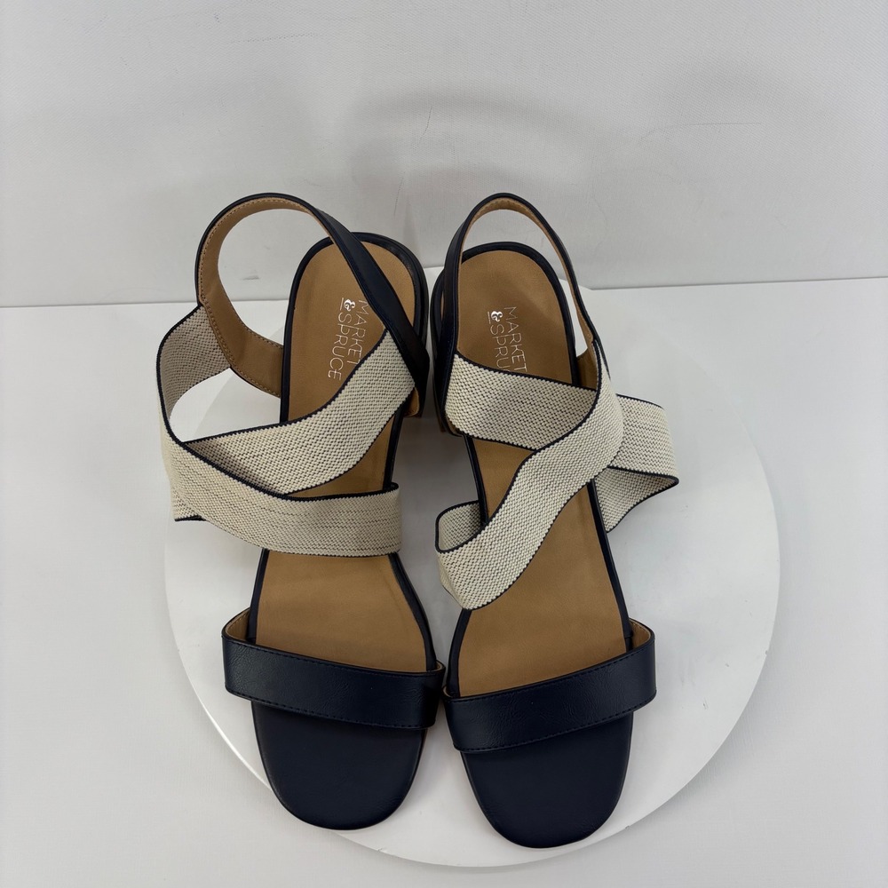 Market & Spruce Womens Slingback Block Heel Sandals Navy Beige Size 10 - Picture 4 of 9